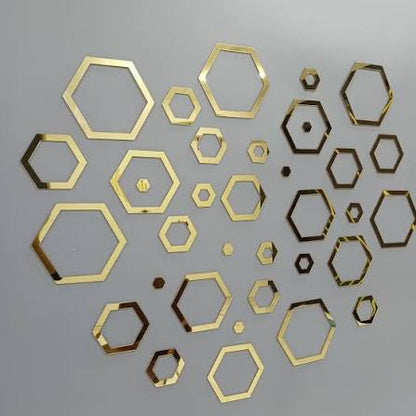 3D Golden Acrylic Hexa Ring Wall Mirrors – Self Adhesive Modern Wall Decor