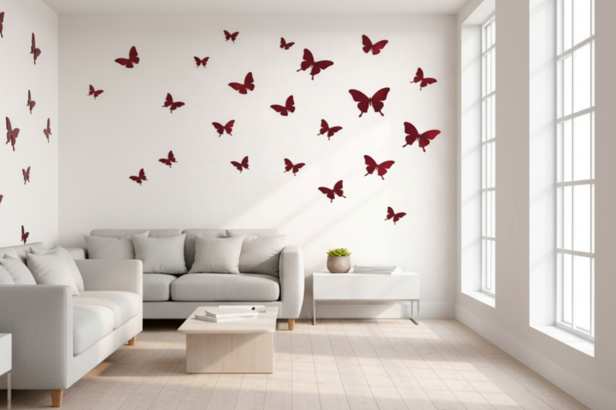 Red butterfly wall decals on a white wall with a gray sofa and small table in the foreground.