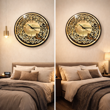 Luxury Islamic Calligraphy Wall Clock – Gold & Black Mirror Finish