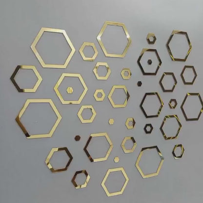 3D Golden Acrylic Hexa Ring Wall Mirrors – Self Adhesive Modern Wall Decor